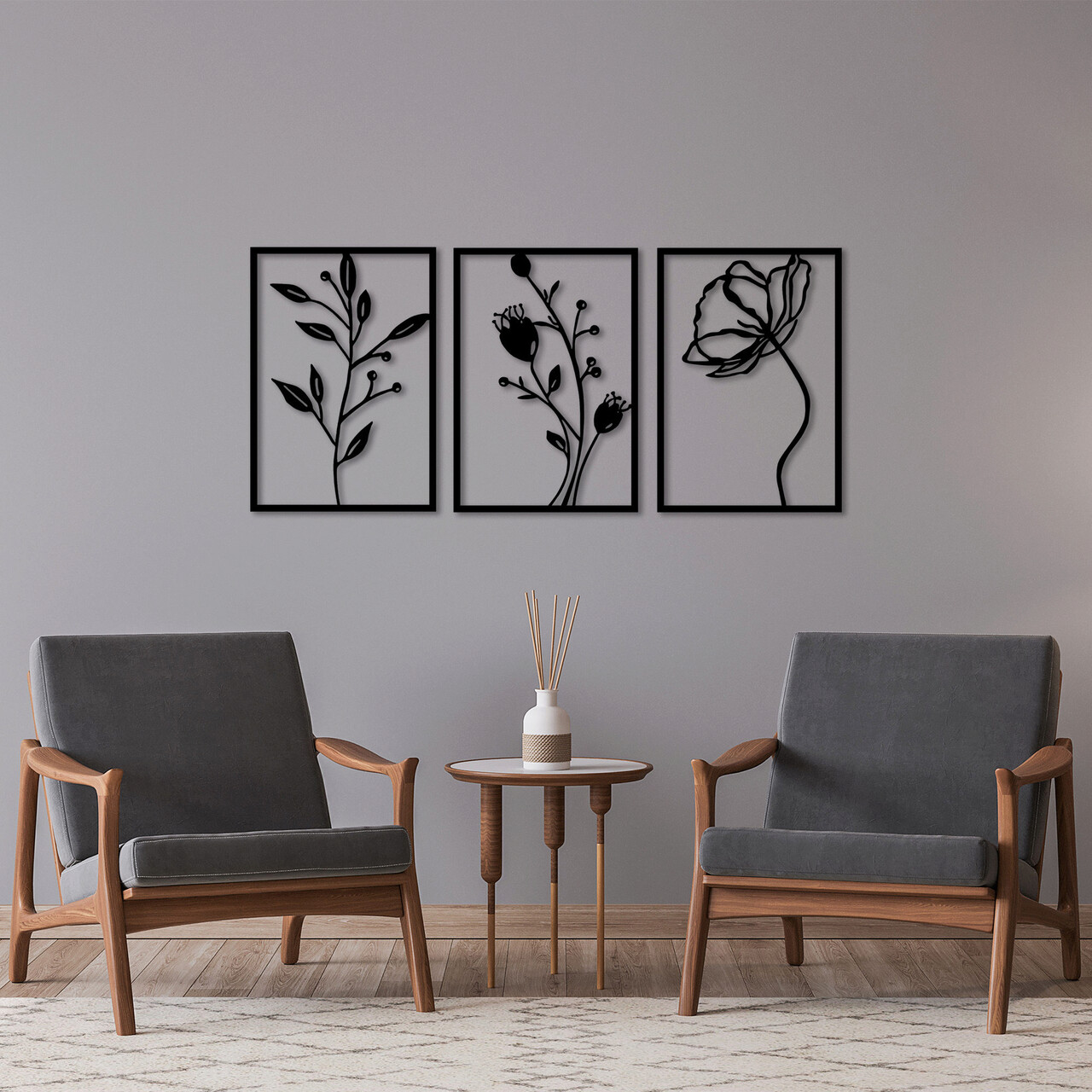 Decoratiune de perete, Flowers, 49 x 70 cm, 3 piese, Negru - imagine 7